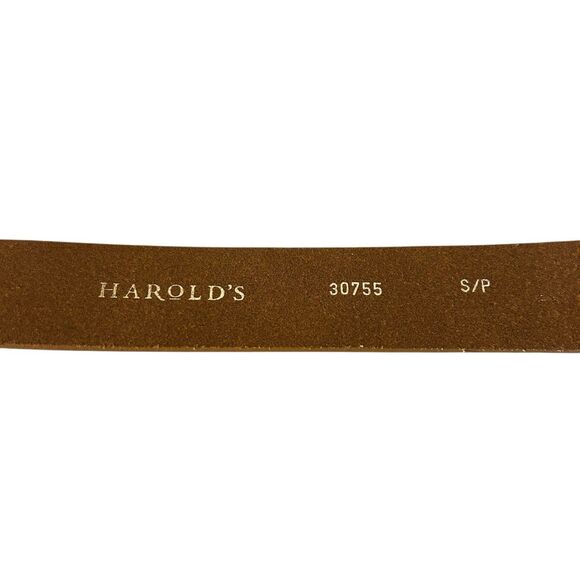 Harold’s Scroll Etched Square Metal Buckle Brown Leather Belt Sz S Western